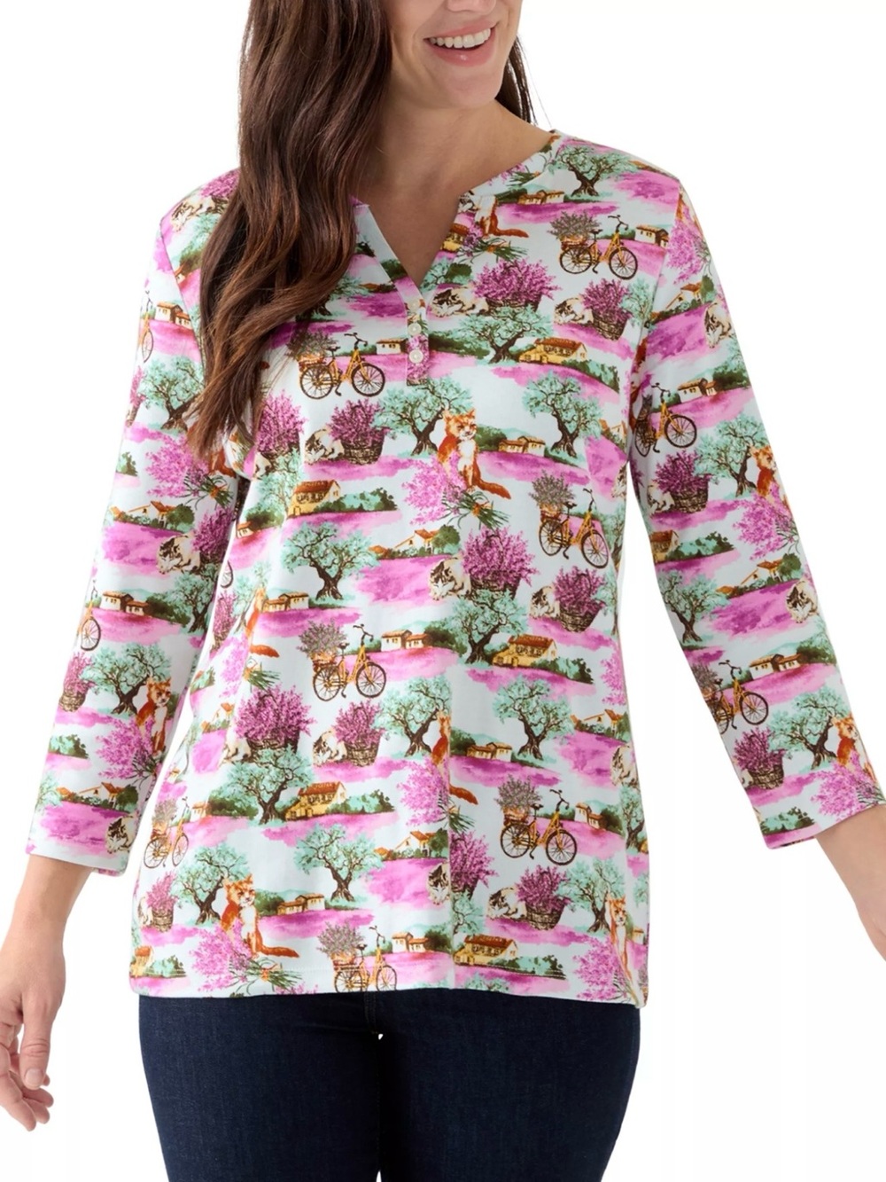 Kim Rogers Scenic Print V-Notch 3/4 Sleeve Henley Top in Pink and Green